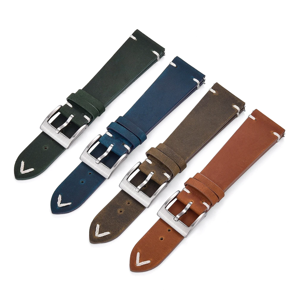 JUELONG Vintage V-Stitch Leather Watch Quick Release Replacement Crazy Horse Leather Watch Strap