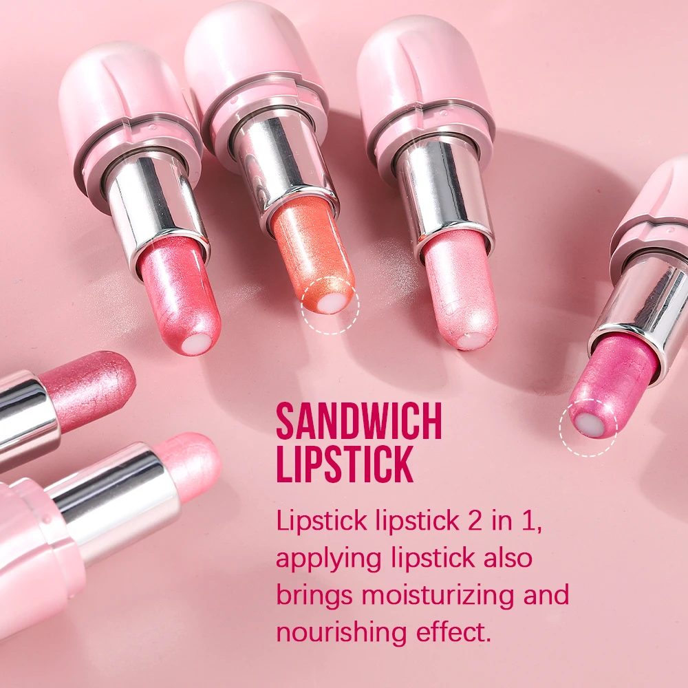 OEM New Sandwich Pearl Lipstick Pink Metallic Shine Shimmer Lipstick Long Lasting Glitter Lip Gloss  Sparkly Glossy Lipstick
