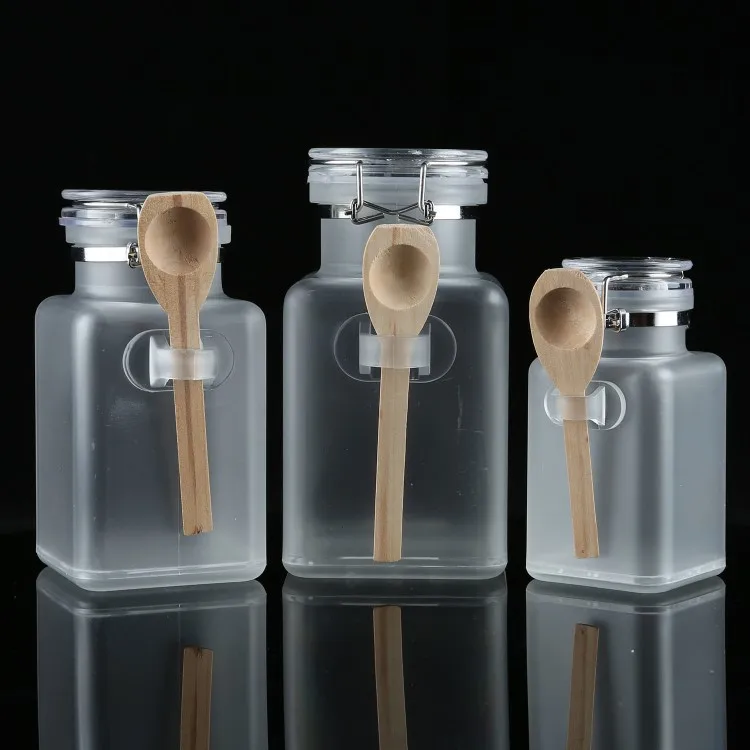 100g 200g 300ml empty matte plastic square bath salt bottle with wooden spoon