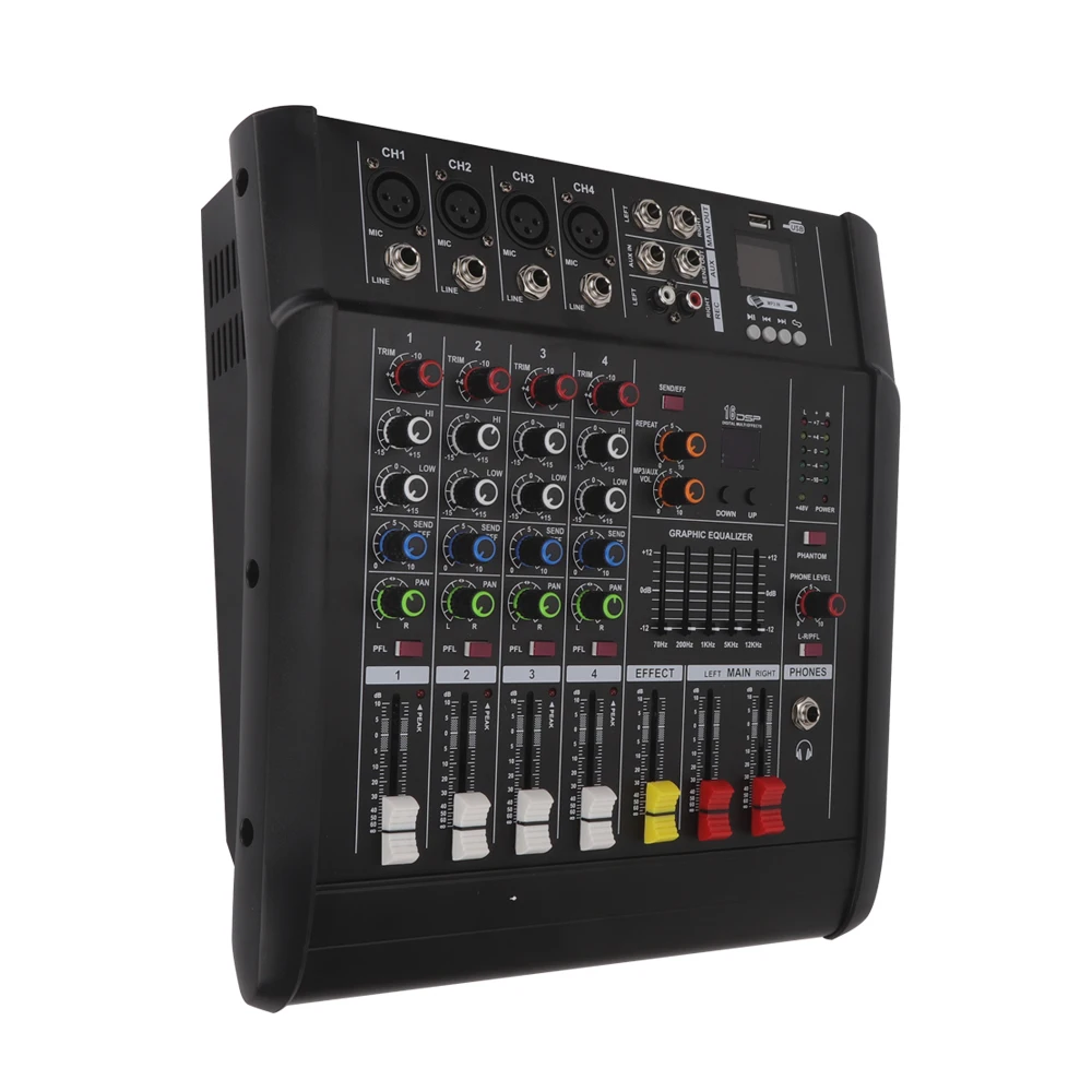Микшерный пульт 4 канала Усилитель мощности микшерный с USB 48 V Phantom мощность DJ