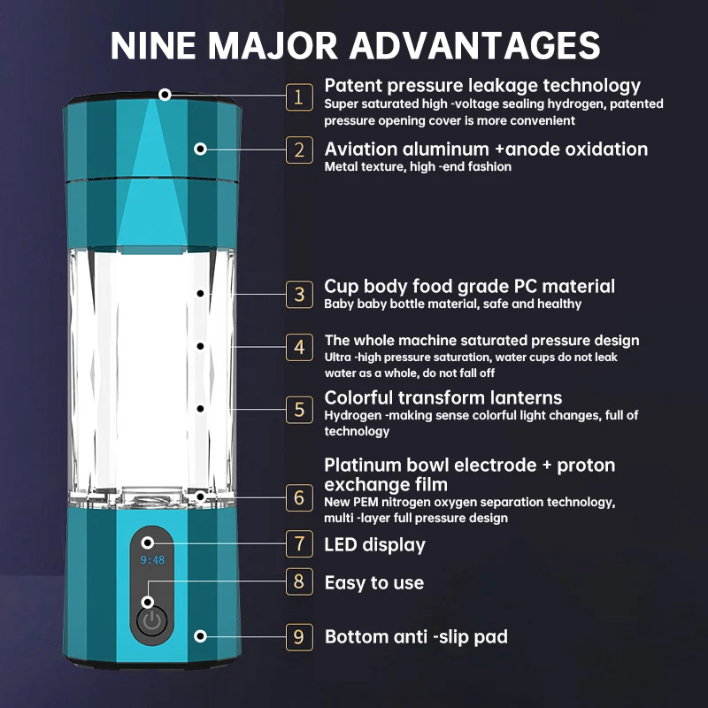H2 Rich Hydrogen Water Ionizer Electrolysis Hydrogen Rich Water Glass Rechargeable hydrogen water bottle