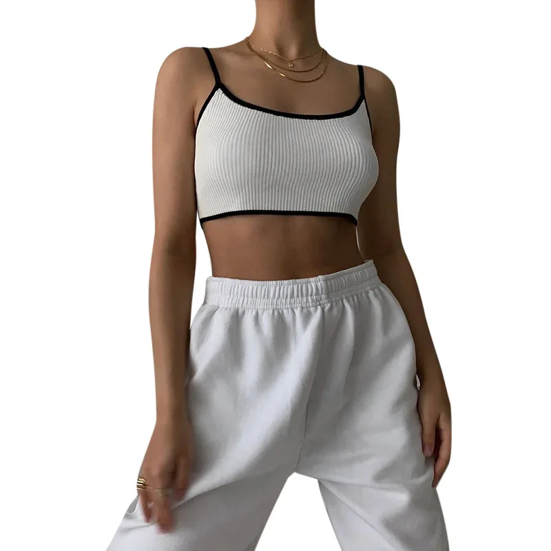 Hot Fashion Europe And America 2021 Spring And Summer New Cross Border Sexy Open Back Short Vest Edge Color Contrast Girl Small