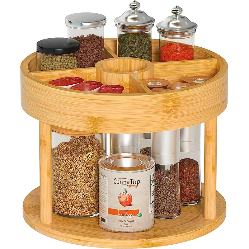 360 Degree Spinning Kitchen Countertop Storage Rack 2 Tier Bamboo Lazy Susan Turntable Rotating Spice Rack