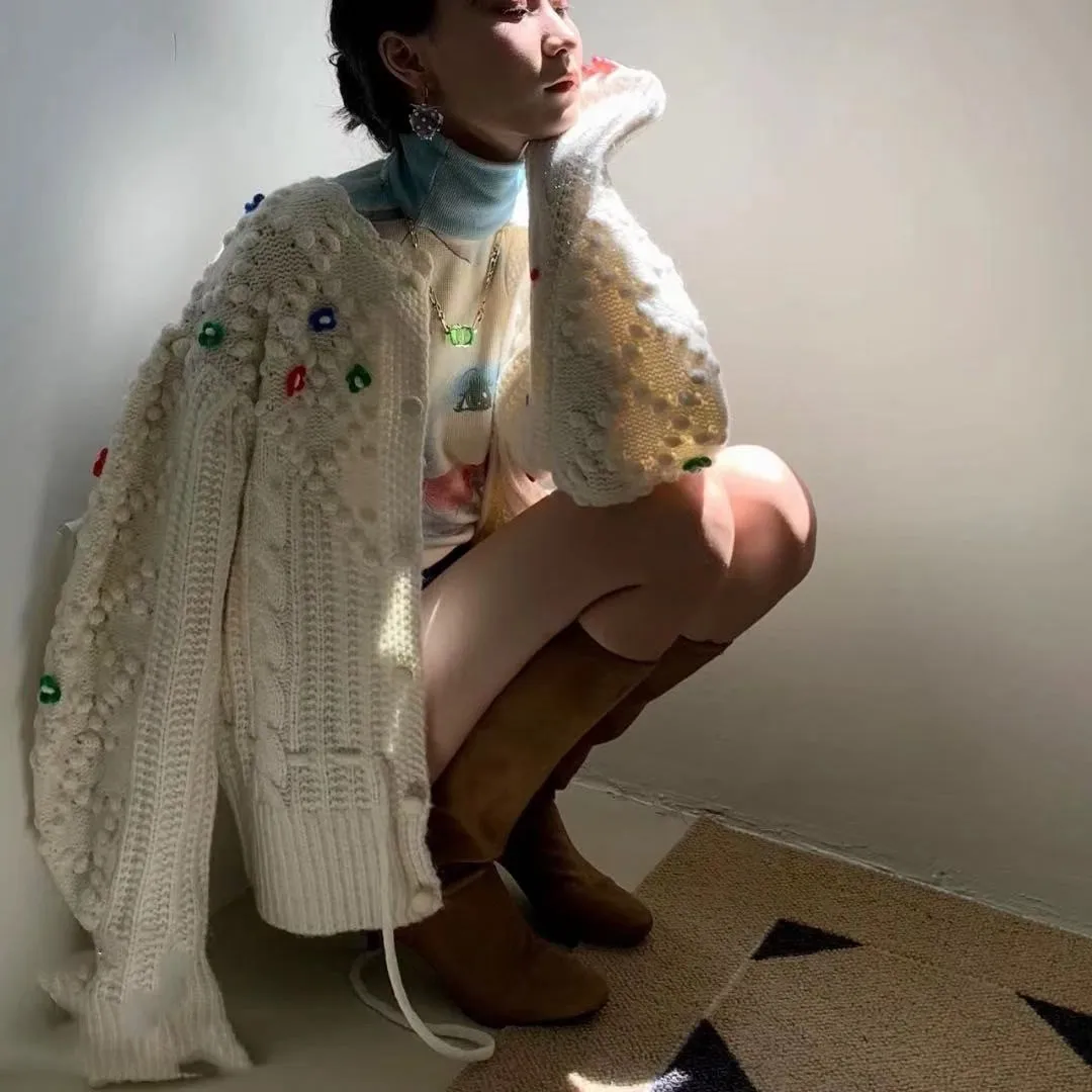 Trend Vintage Solid Graphic Pattern 3D Flower Long Sleeve Hand Knitted Embroidery Autumn Woman Clothes Cardigan Sweater Crochet