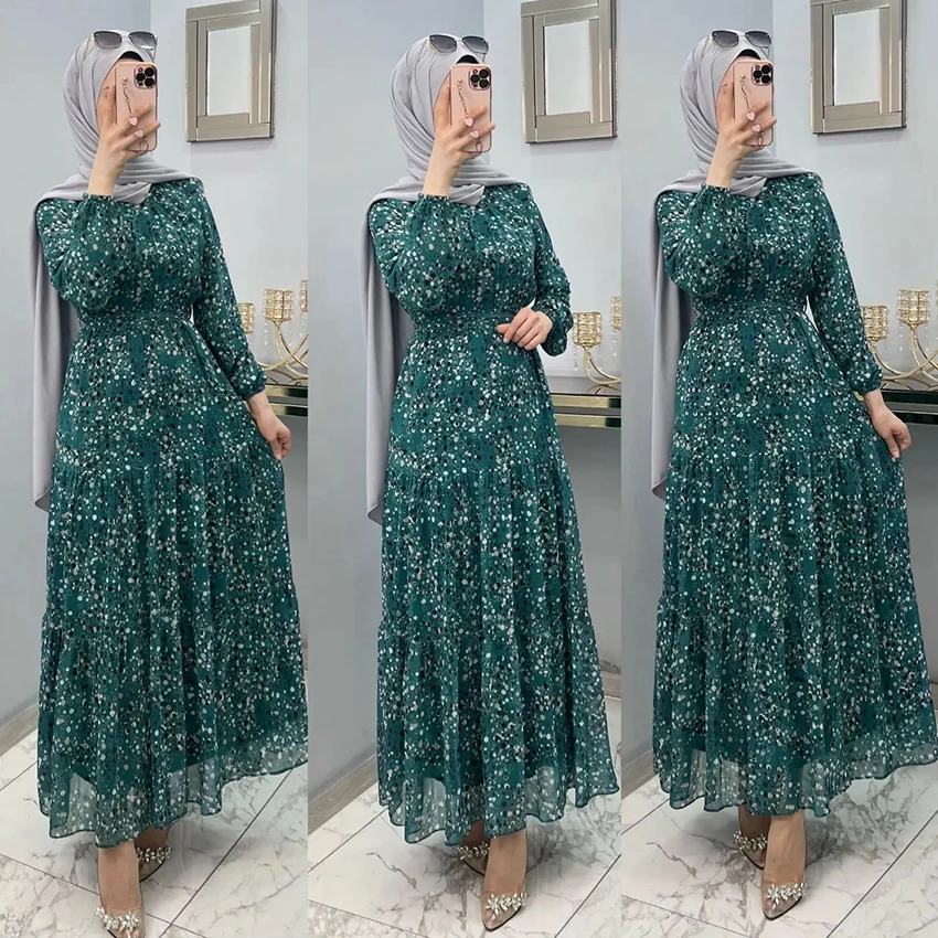OEM New Chiffon Fabric Green Moroccan Print Floral Long Abaya Modest Muslim Dress Women Kaftan Dubai Jilbab Islamic Clothing