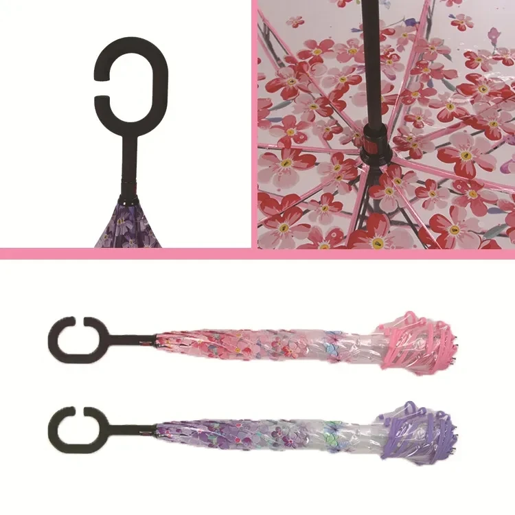 Z73  C Type Transparent  Umbrella Reverse Double-layer cherry Umbrella Creative hands-free Folding Umbrella
