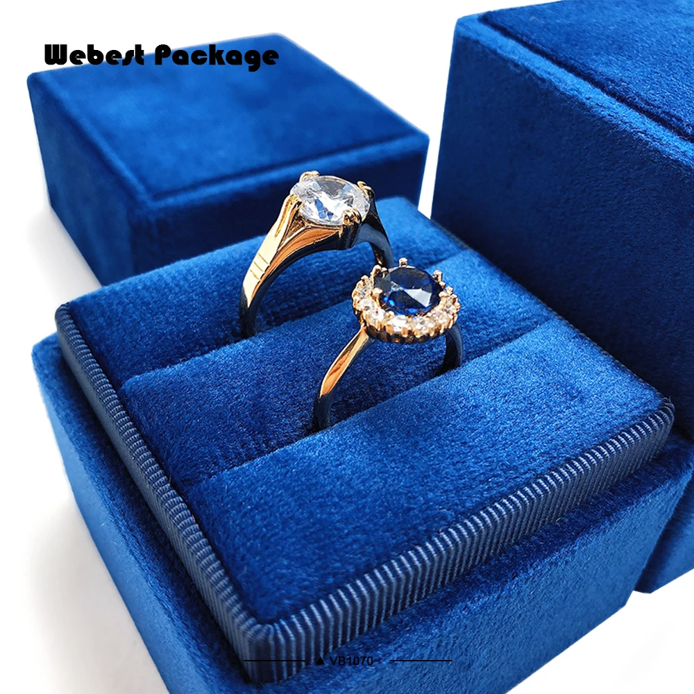 Webest new style navy blue flocked wedding square soft jewelry velvet ring box