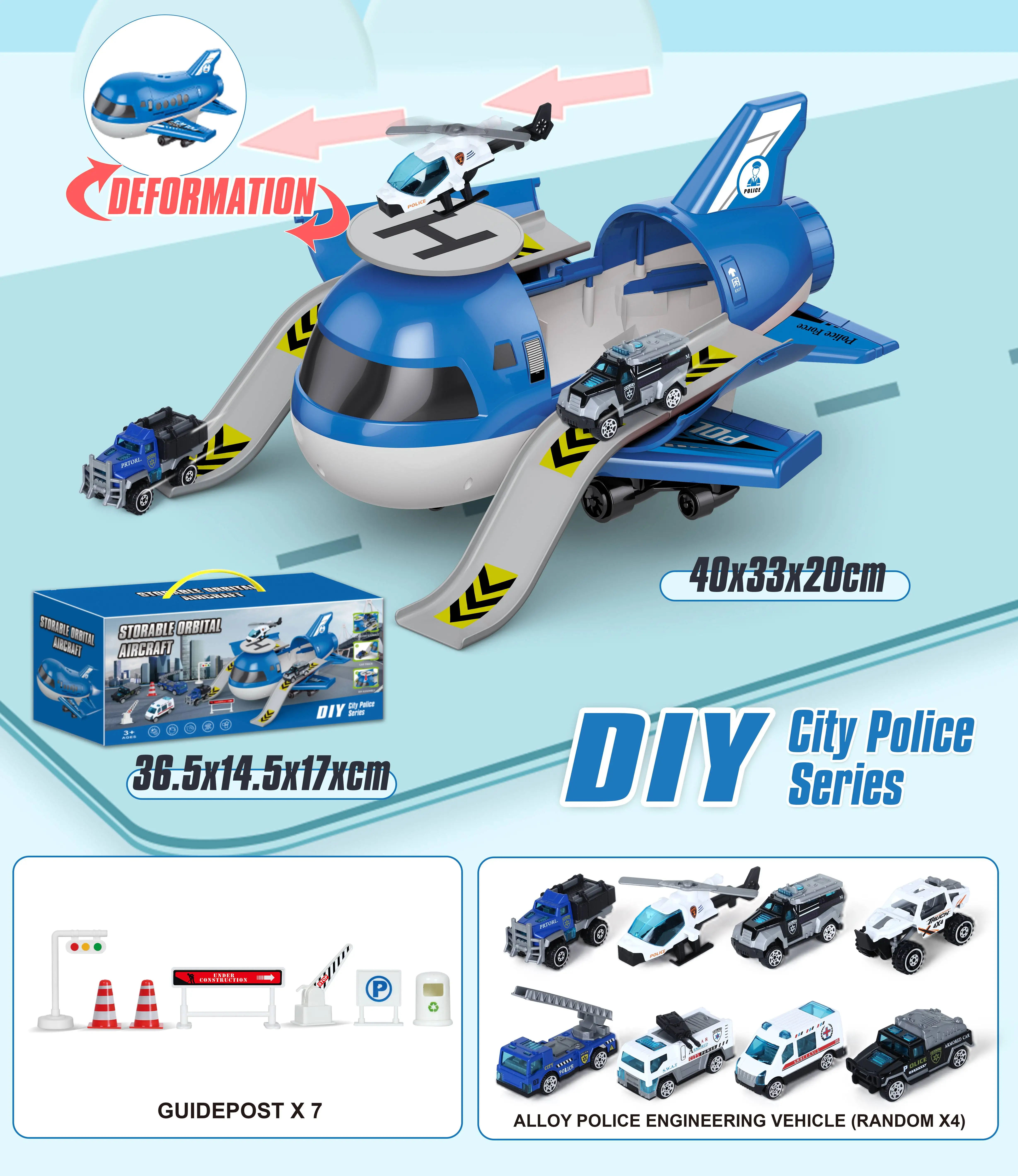 Storage deformed track aircraft with 1 64 police  fire truck engineering car transport car Alloy to Metal Car Toy Set
