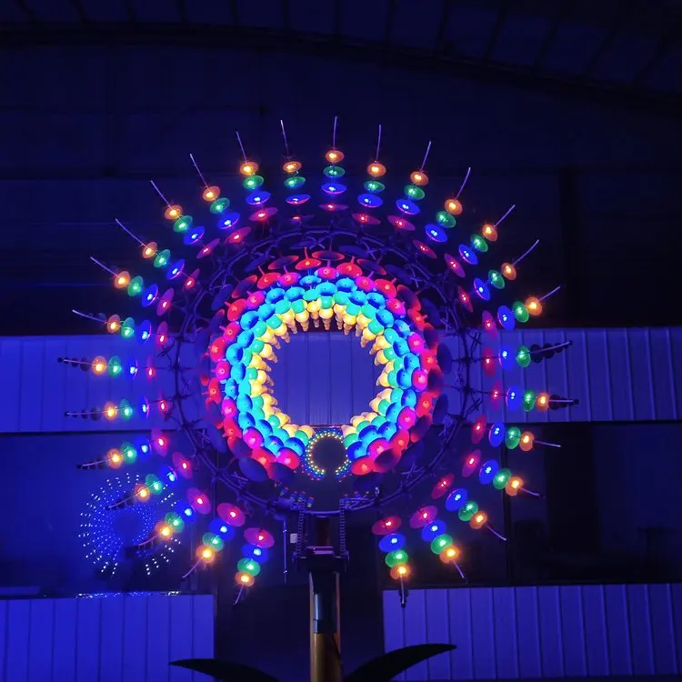 Customize large scale outdoor LED lighted colorful wind spinner stainless steel giant kinetic sculpture for park decor