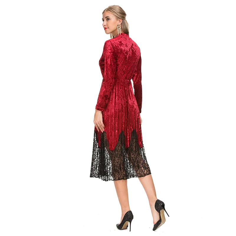 Latest design pleated lace hem women long sleeve high waist crew neckline soft velvet fabric midi dress