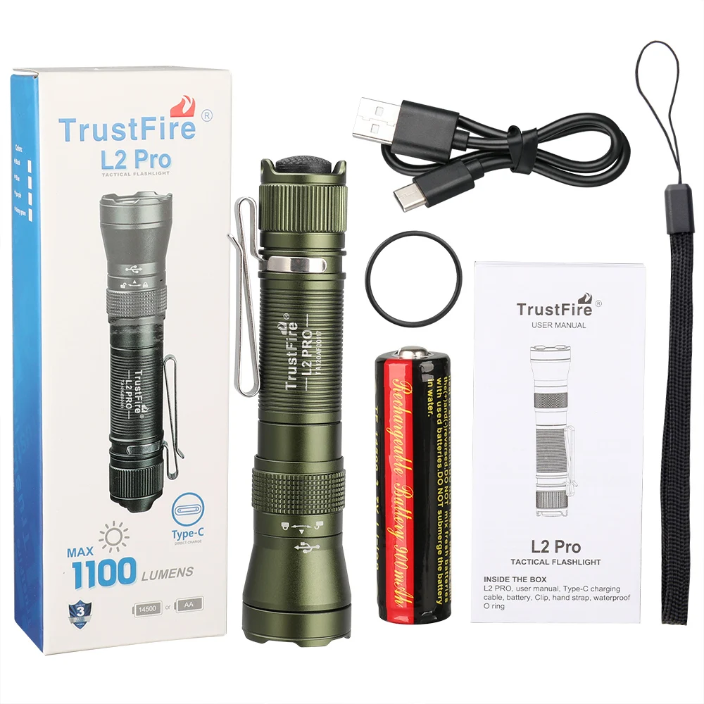 TrustFire L2 Pro Tactical Flashlight Portable Waterproof Rechargeable USB Aluminum Pocket 14500 LED Flash Light