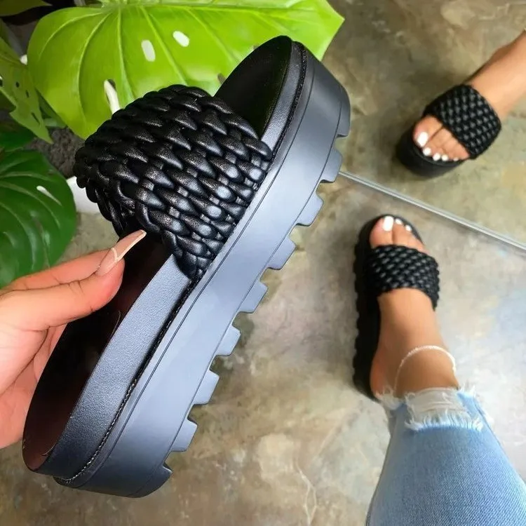 
2021 new summer solid color slippers increase woven shoes platform women sandals 