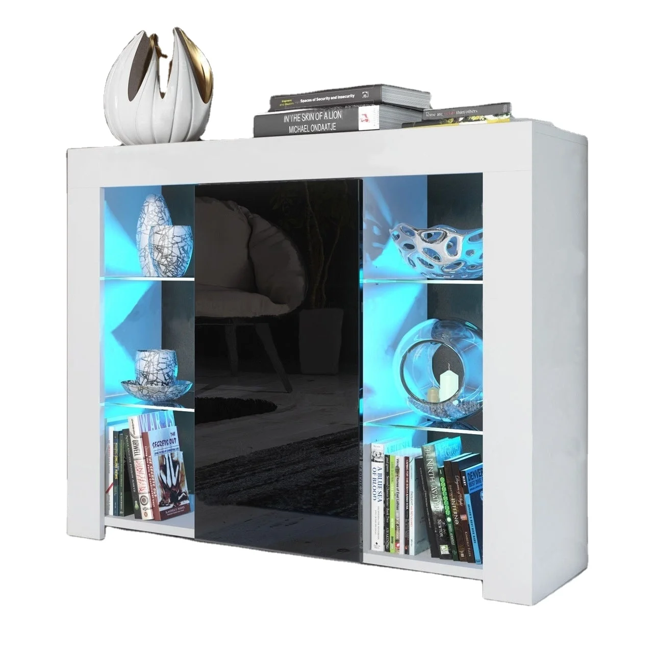 Kitchen Buffet Cabinet,High Gloss Led Sideboard,Storage Server Table With 3 Doors And Open Topper Shelf(white) Cupboard