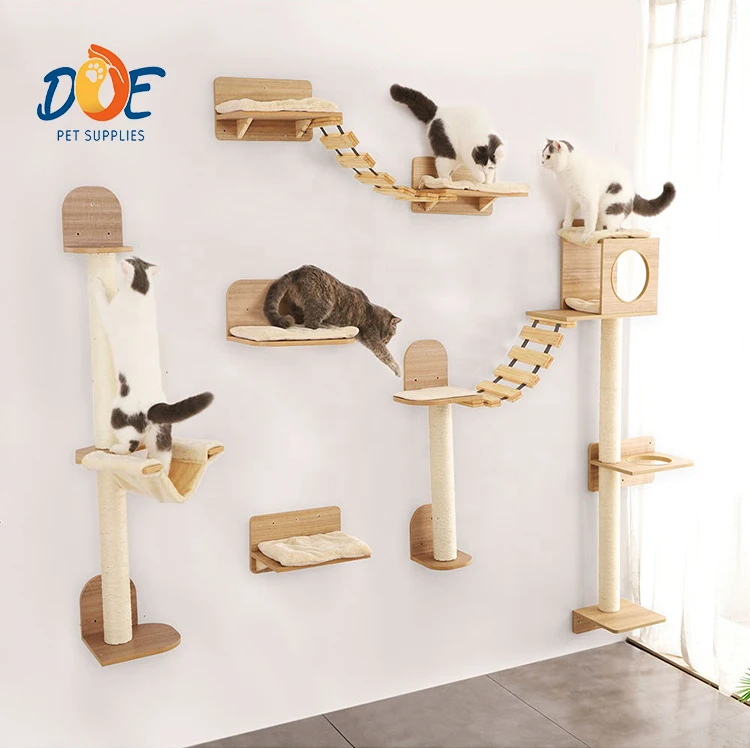 Doe Pet Cat Toys Solid Wood Cat Wall Furniture Tree Cat Climbing Wall Mounted Shelves Hammock Climbing Perches Scratching