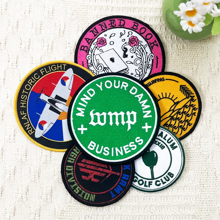 Custom Wholesale Design Hat Iron on Backing Hot Cut Border Full Embroidery Woven Fabric Cloth Patches Badges