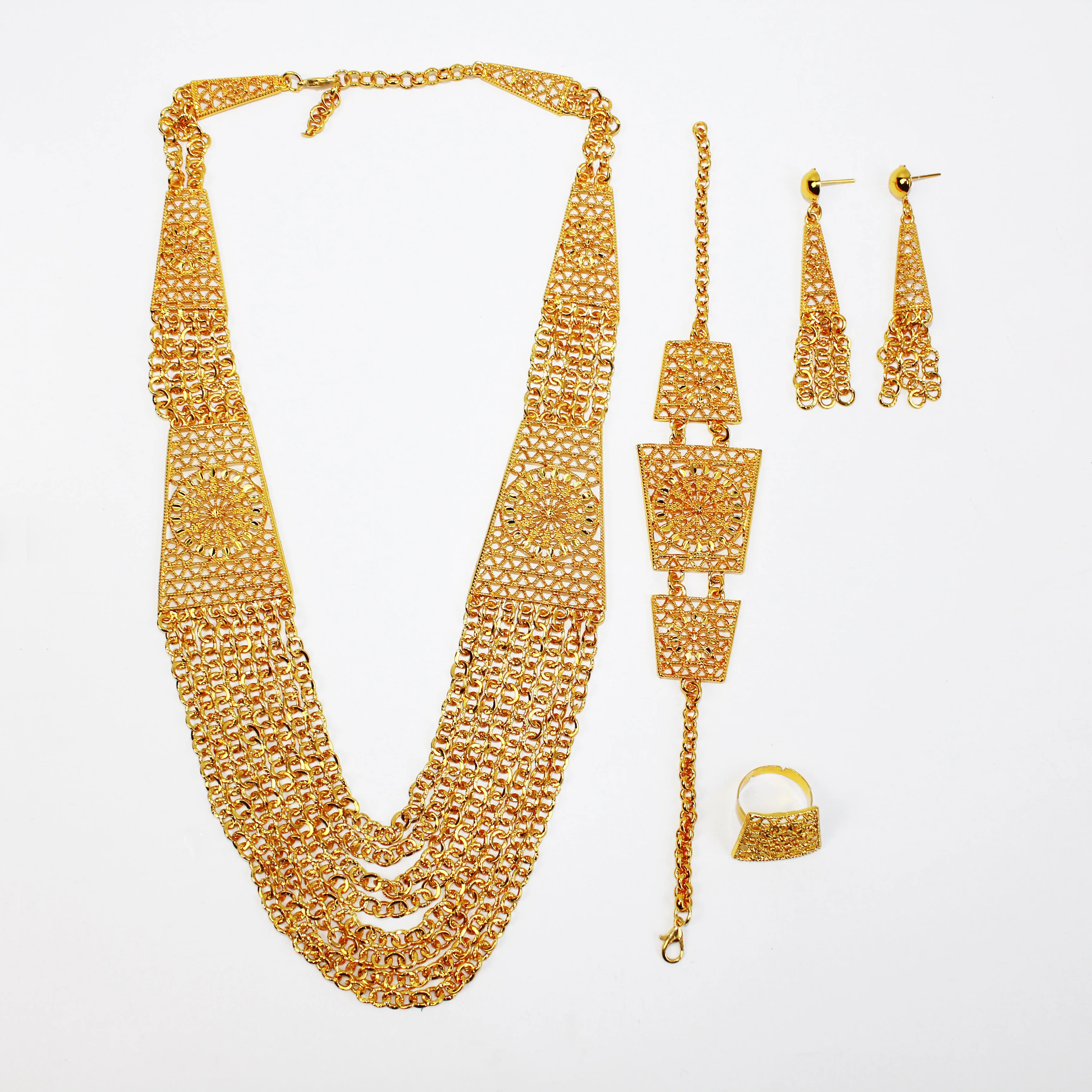 JachonJewelry Dubai New style 24K Gold Plated Jewelry Set Bridal Wedding necklace earrings bracelet and ring set