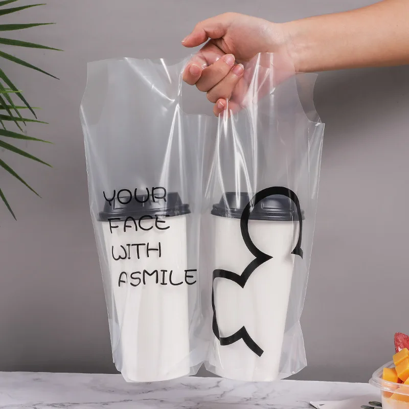 Custom Logo Takeaway Food Plastic Recyclable Boba Tea Bag Transparent Coffee Tea Cup Holder Bags