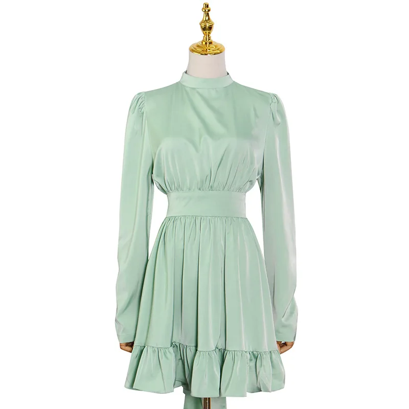 
Fashion Brand 2021 Summer New Style Solid Color Waist Satin Sexy Backless Lace-Up Bow-Knot A-line Dress 