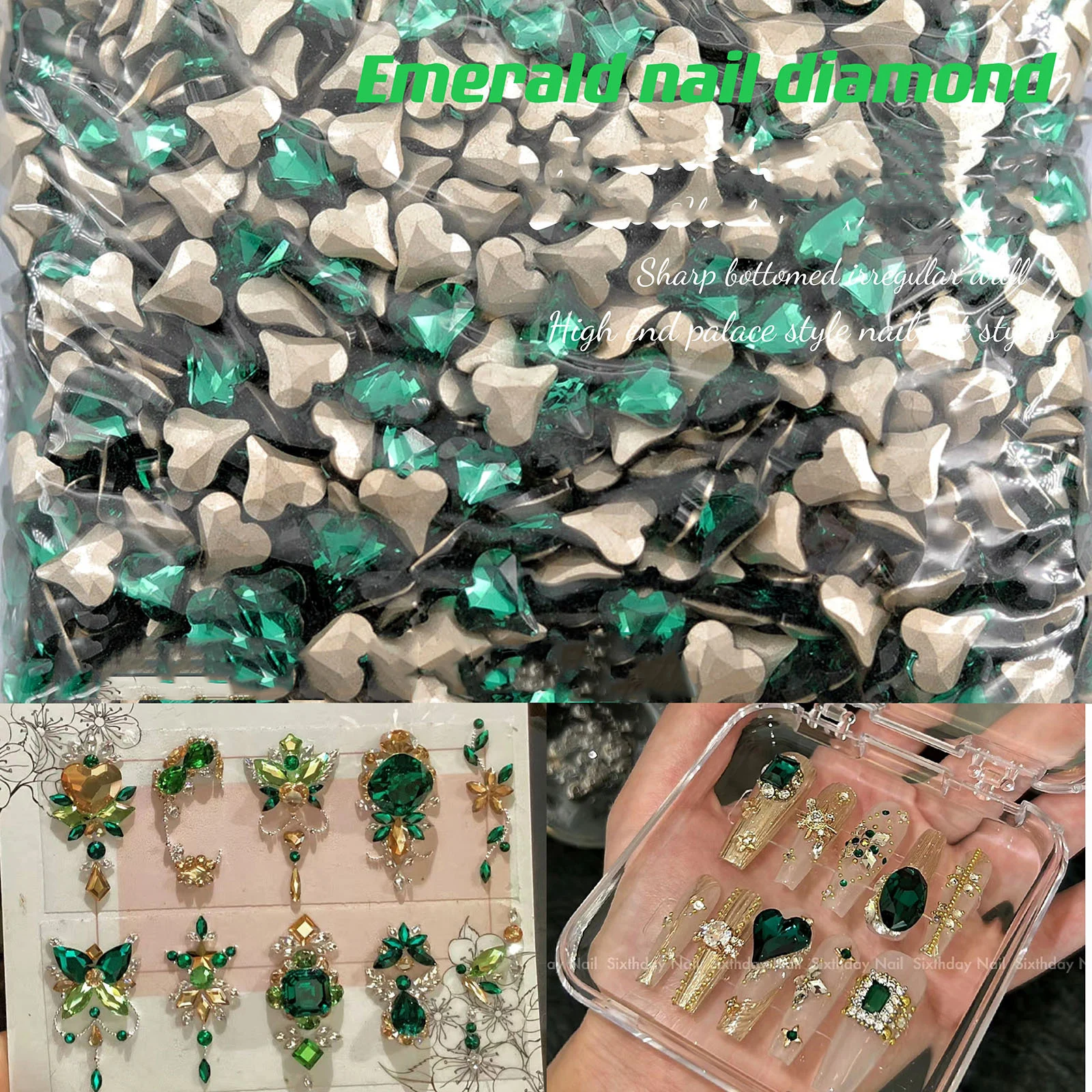 Private Label Green Mixed Shape Nail Rhinestones Christmas Decoration 3D Jewelry DIY Alloy Art Charm Accessories in Bulk