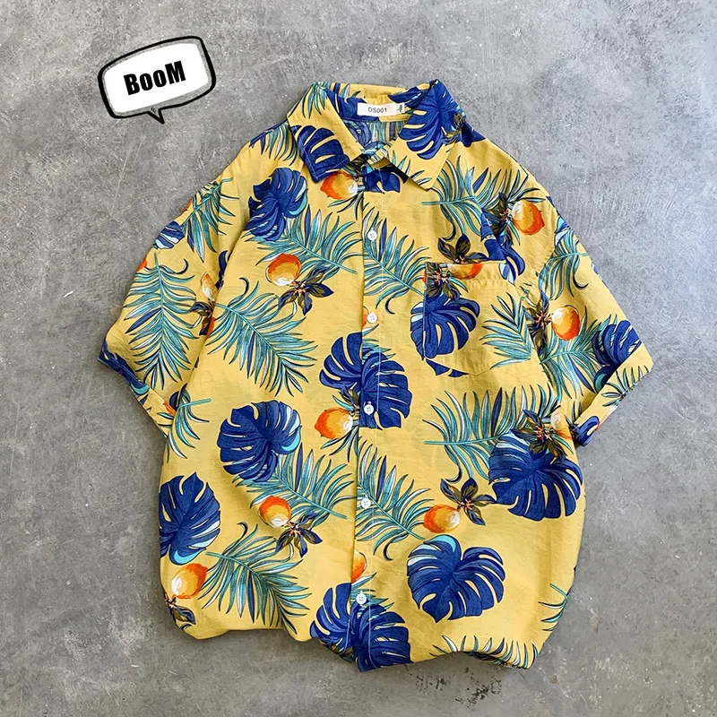 Vacation Style Hawaiian Beach Shirts Short Sleeve Loose Plus Size Vintage Poplin Shirt For Men