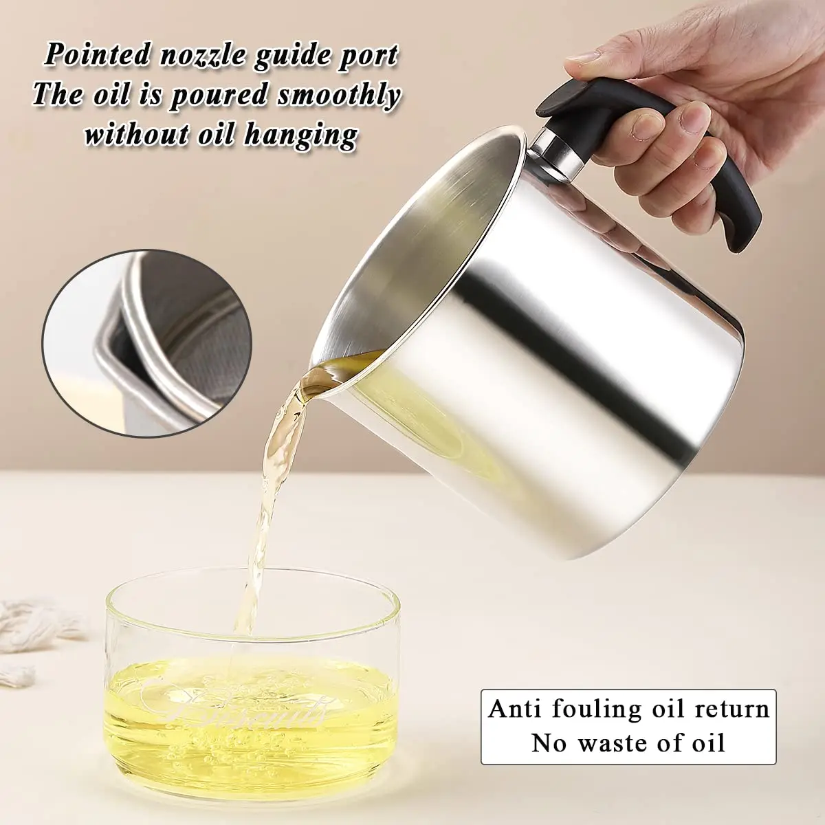 Kitchen Frying Oil Separator Filter Pot 18/8 SUS304 Oil Storage Cup Bacon Grease Container with Fine Mesh Strainer