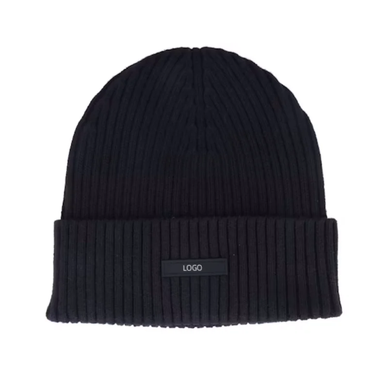 Comfortable Daily Wear Classic Cotton Black Rib Beanie Hats With Custom Logo Warm Winter Hats For Men Women Unisex Knit Cuff Cap
