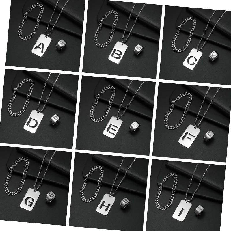DAIHE 2024 New Fashion Stainless Steel Jewelry Sets Initial Letter Necklace Rings Bracelet Set