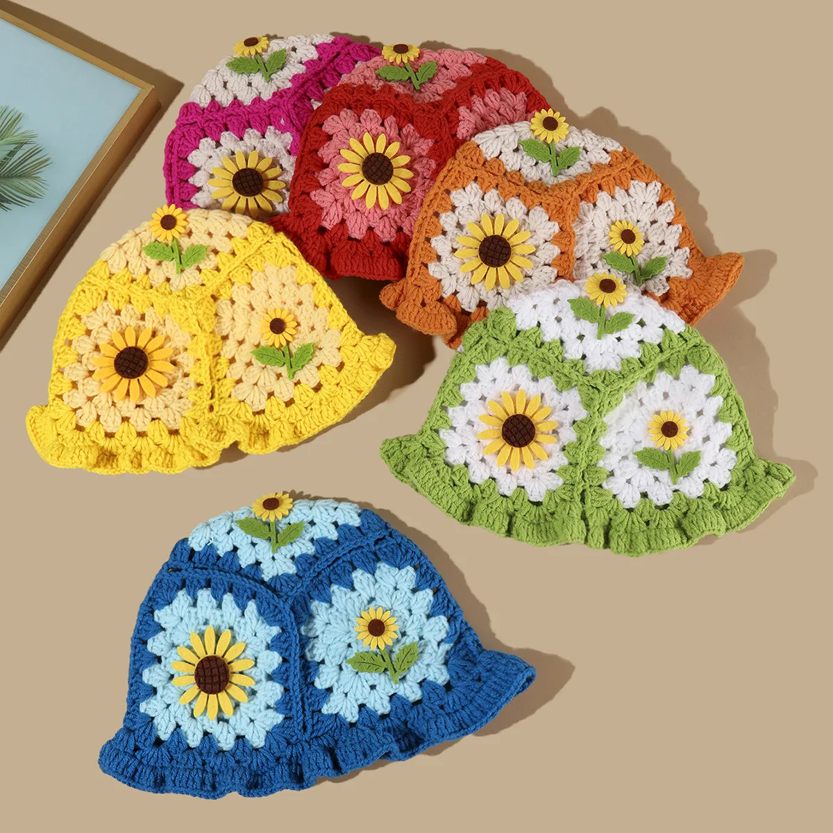 Beautiful Floral Crotched Patterns Sunflower Hats for Girls Women Handmade Knitted Bucket Hats