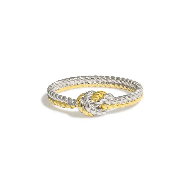 Dina Wholesale Stock Fine Jewelry Vintage Daily Women Minimalist Ring Knot Twisted 925 Sterling Silver Double Color Ring Jewelry