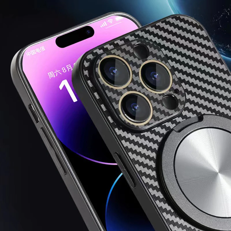 Carbon Fiber Materials Shell Lens Film Protective Phone Cover For iPhone 15 12 11 13 Pro Max 14 Plus With Holder Magnetic Cover