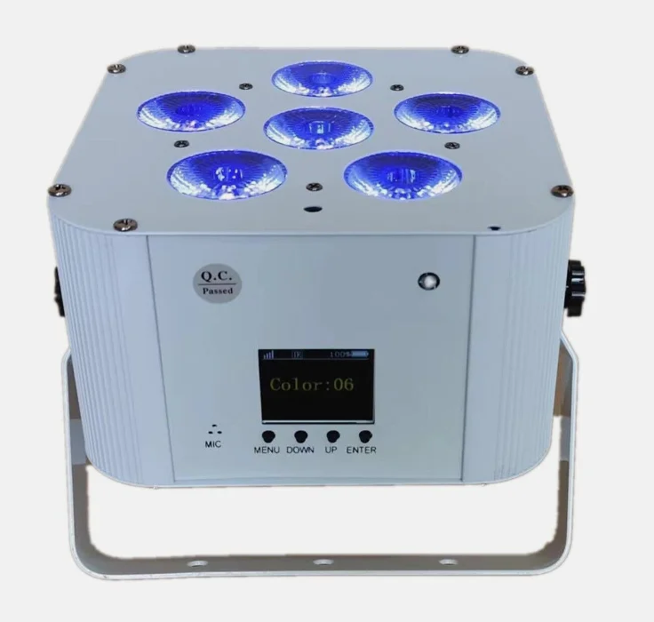 Experience the ultimate in flexibility with  6X18W Battery Power Wireless DMX LED Flat Par featuring Wifi and remote operation