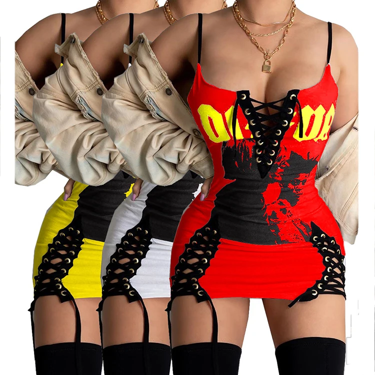 
0320M888 Wholesale Suspender Ladies Casual Summer Sexy Fashion Eyelet Straps Bandage Elegant Short Women Clothing Club Dresses 