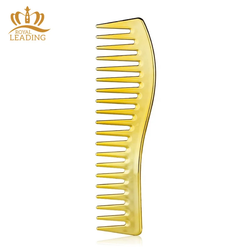 Custom Logo Luxury Electroplating Hairdressing Barber Salon Comb Gold Wide Tooth Detangling Hair Comb