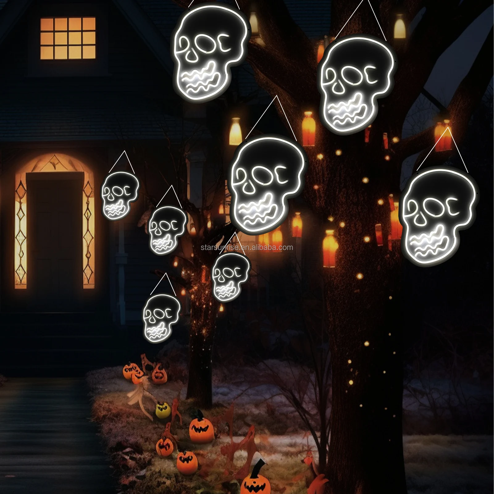 Transform your space with these LED neon lights for Halloween, featuring moving skulls and an acrylic backplane