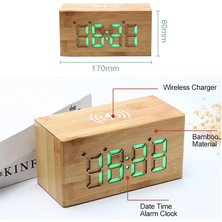 Bamboo Digital Desktop Alarm Led Wooden Table Clock with Wireless Charger