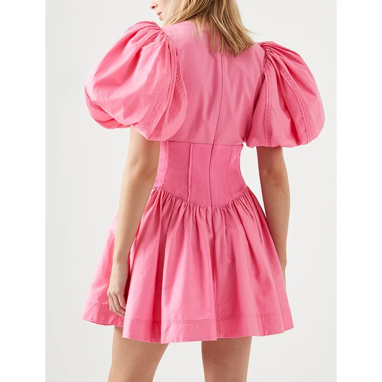 Custom Pretty Korean Dresses Wholesale Pretty Pink Short Dress Cotton Puff Sleeve Smocking Lotus Midi Casual Summer Dress Women