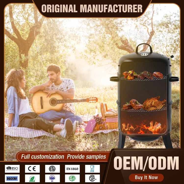 Black Outdoor Vertical barrel smoker Meat fish 3 In 1 Charcoal Bbq Grill Barbecue Smoker