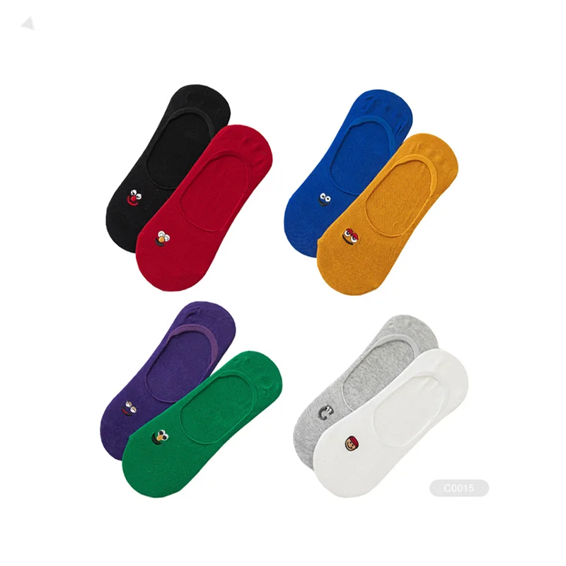 KAITE-2-C0045 embroidered invisible socks sockless slip on flat cotton loafer ladies foot cover sock for women flats