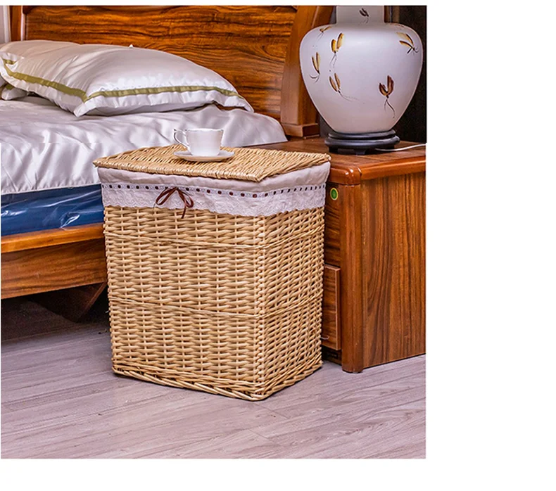 Large Rectangular Natural Brown Wicker Storage Basket Home Laundry Basket with Plastic Lid Lining for Clothes Organization