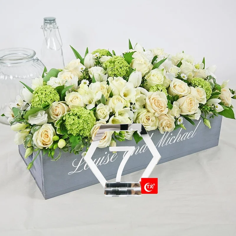 TX Silver Mirror Table Numbers Hexagon Shape  with Holder Base for Wedding, Party, Events Or Catering Reception and Decoration