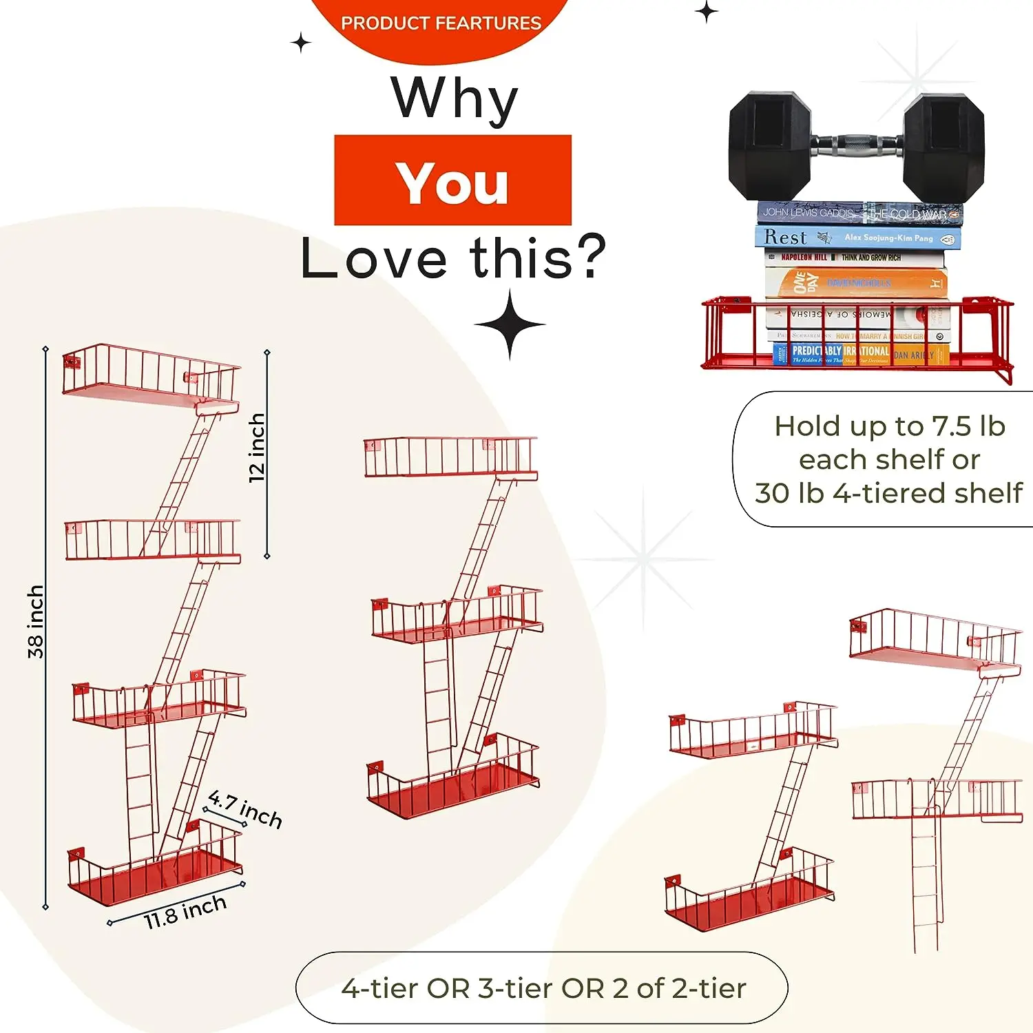 4 Tier Wall Mounted Metal Floating Display Shelves Wall Fire Escape Ladder for Home Decor