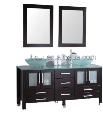 OEM ODM double glass sinks solid wood bathroom vanity with tempered glass top