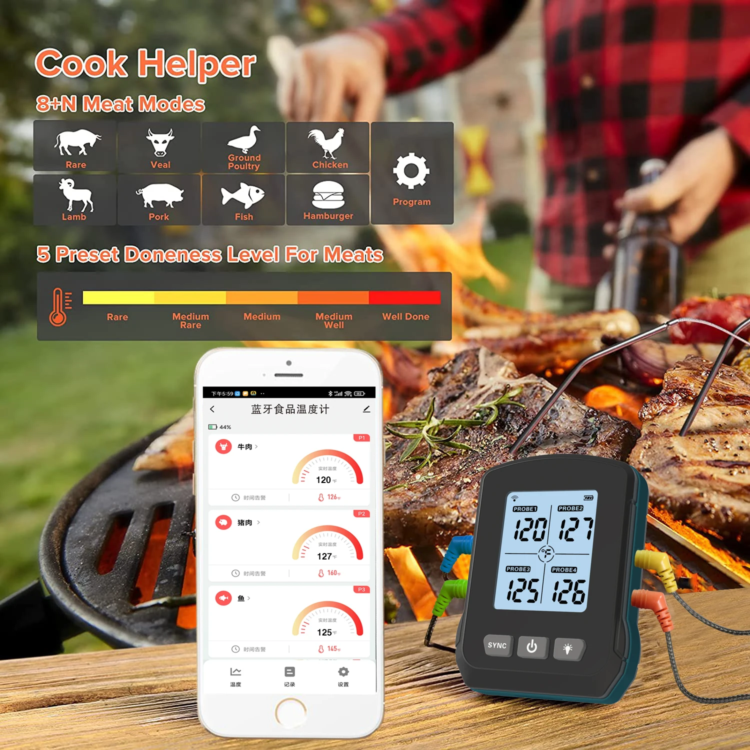 Rechargeable Wireless 4 Probes WiFi Digital BBQ Smoker Oven Kitchen Meat Grill Thermometer