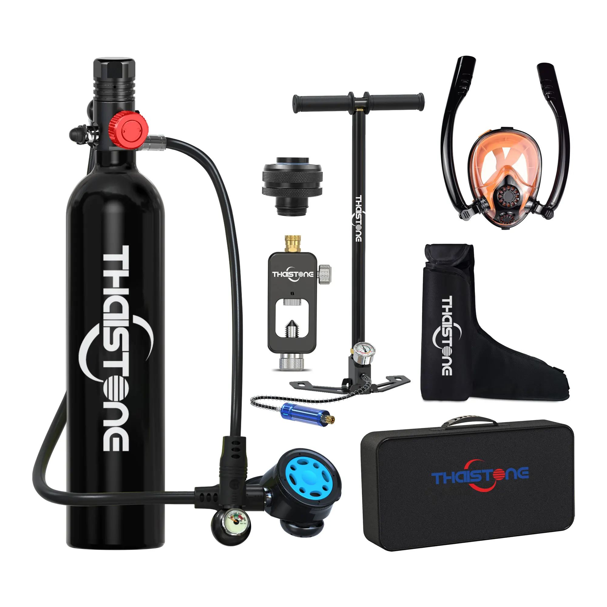 THAISTONE wholeseales OEM logo 1L mini scuba with Hand Pump Aluminum First Valve regulator long reach pressure gauge