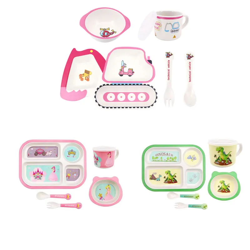 5 piece tableware set bamboo fiber kid eco suction plates dinnerware animal cartoon melamine bamboo kids dinnerware set for baby