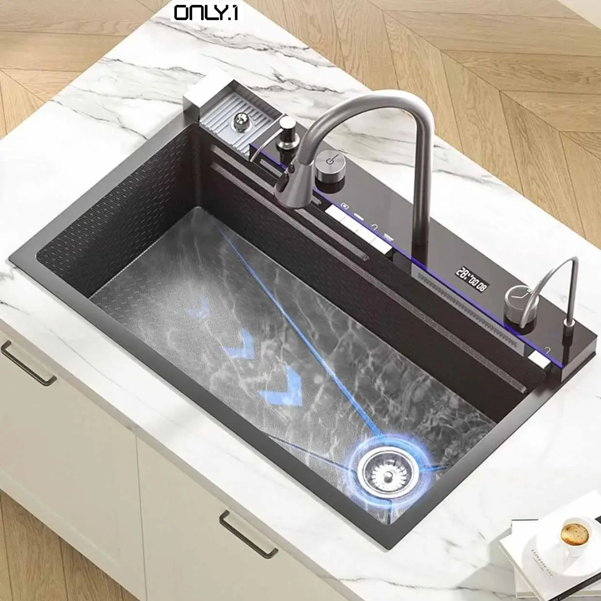 Modern Black Flying Rain Waterfall Smart Kitchen Sink Luxury Organizer Rack Sink Dish Storage Rack Stainless Steel Silver MULLER