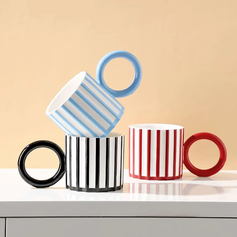 Nordic vertical stripe color ceramic coffee mug large ear handle porcelain milk oat tea mug