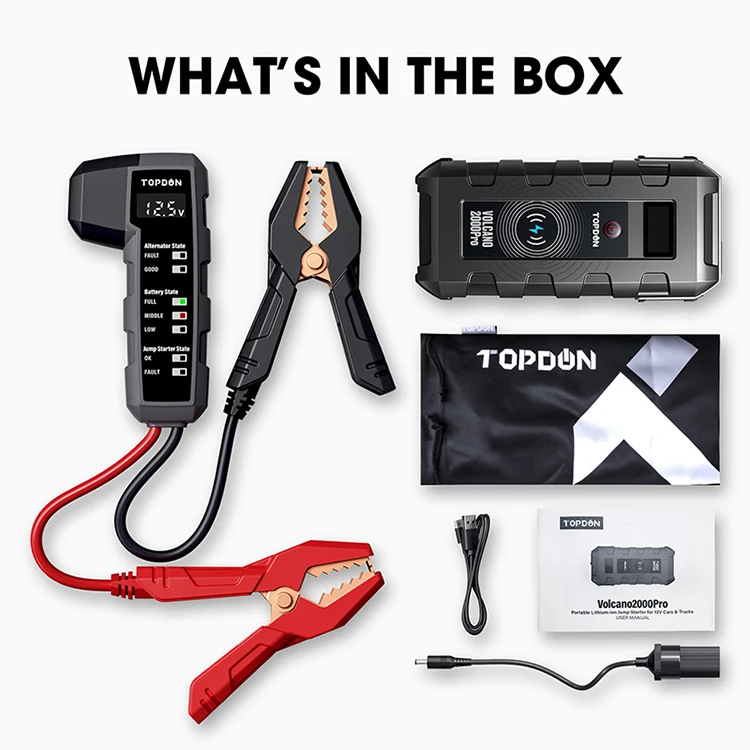  TOPDON Volcano2000Pros portable Jump Starter that delivers 2000Amps peak current for jump starting a flat 12V lead--acid