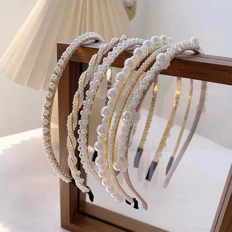 2021 Luxury Daily Wear White Pearl Beaded Headband Women  Handmade Elastic Pearl Bow Hair Accessories Hairband for Girls