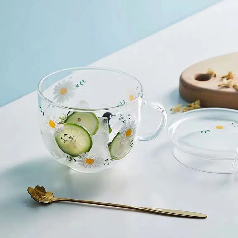 Solhui Cute Daisy Milk Glass Cup Ins French Wine Juice Glasses with Handle